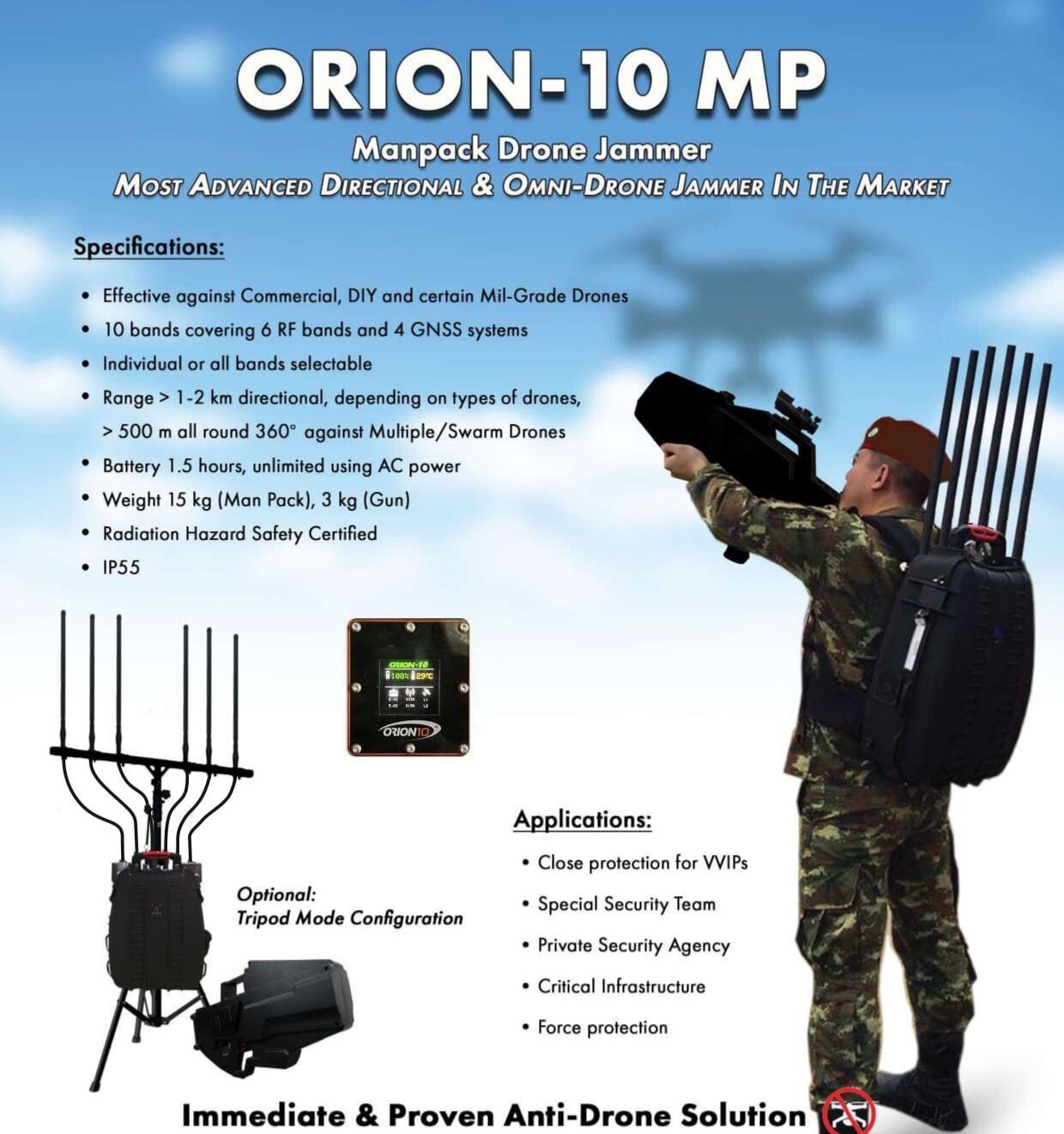 Infographic for ORION-10 MP drone jammer with specifications and applications.